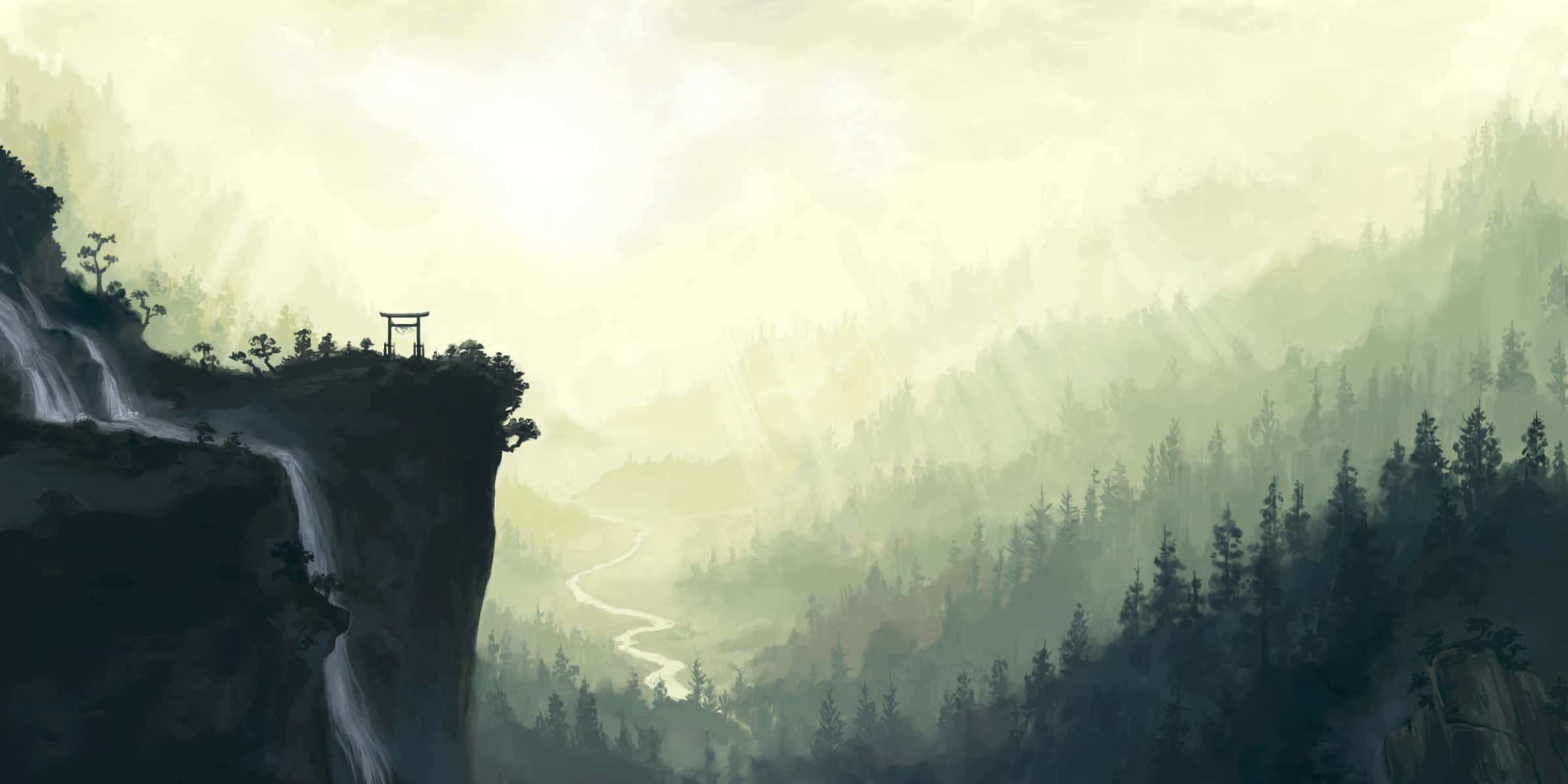 Cute Anime Scenery, misty mountain valley, winding river, Full HD Desktop Wallpaper