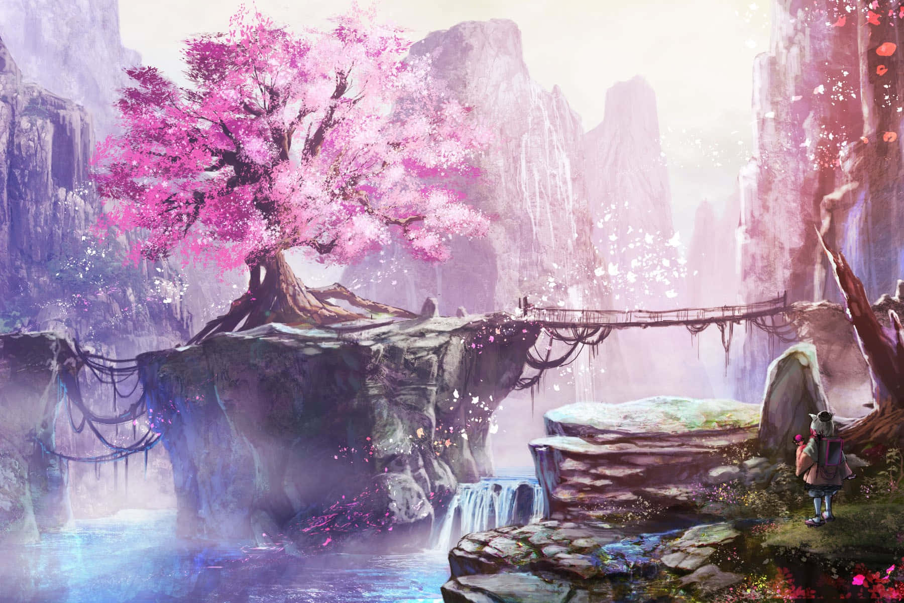 Dreamy Purple Lake, vibrant pink cherry blossom tree, cliffside, HD Desktop Wallpaper