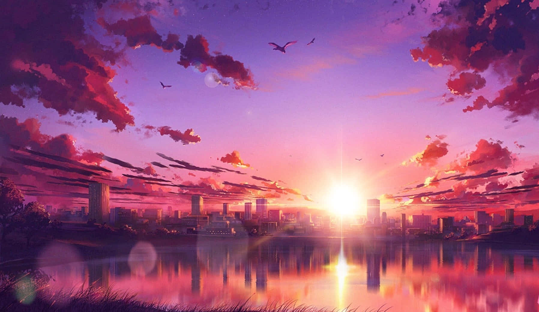sunset, lake, city skyline, HD Desktop Wallpaper