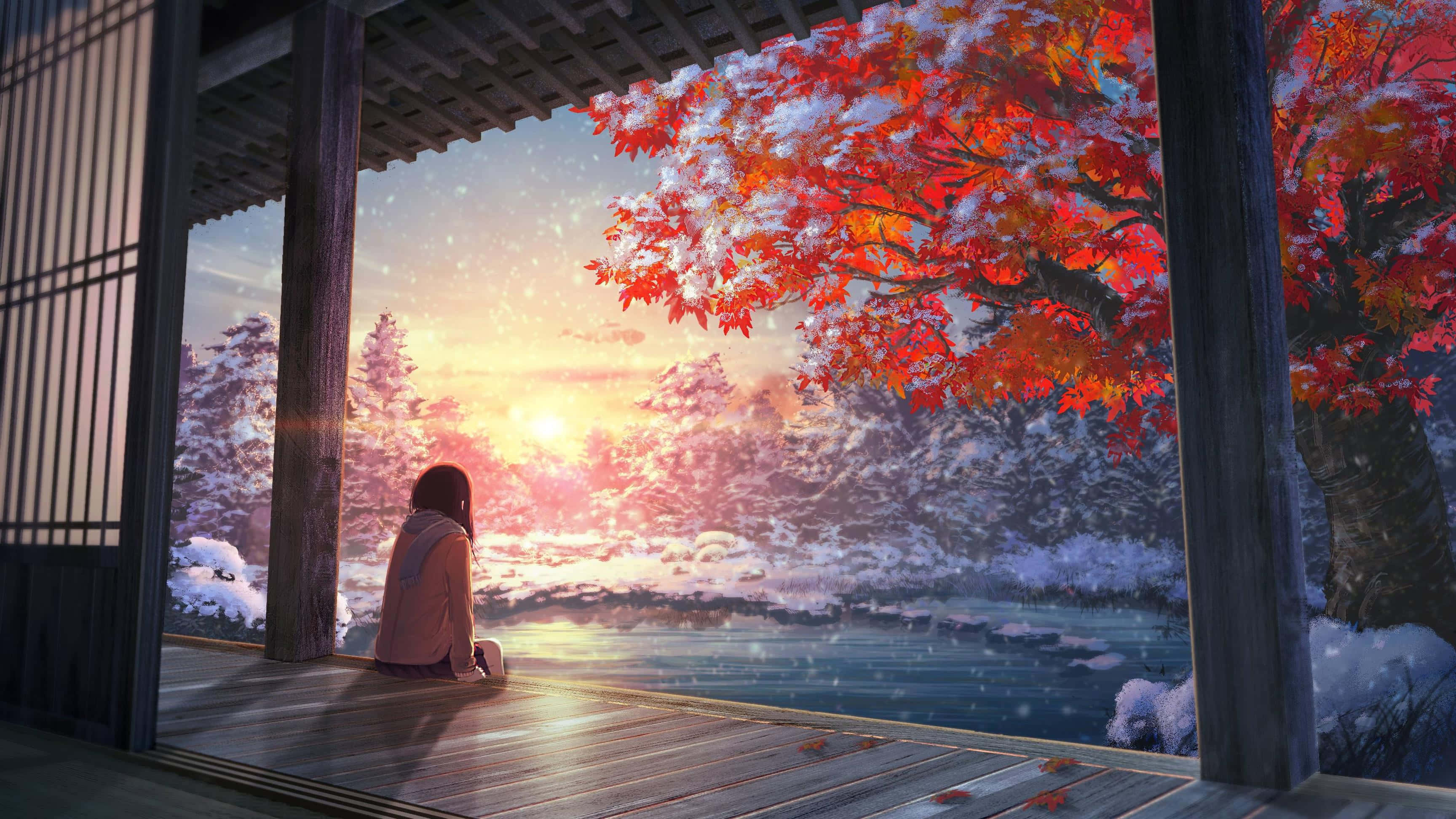 wooden porch, vibrant red maple tree, snow, 2K Desktop Wallpaper