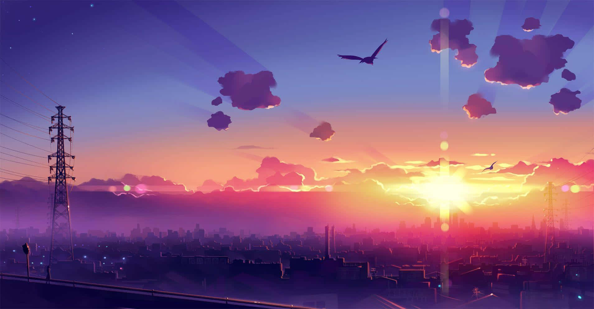cute anime village, vibrant sunset, purple clouds, HD Desktop Wallpaper