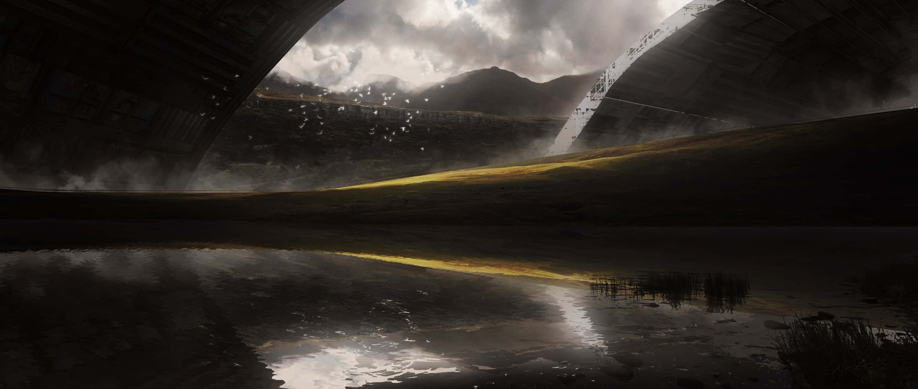 Cute Eerie Anime Scenery, dark misty landscape, cloudy sky, 2K Desktop Wallpaper