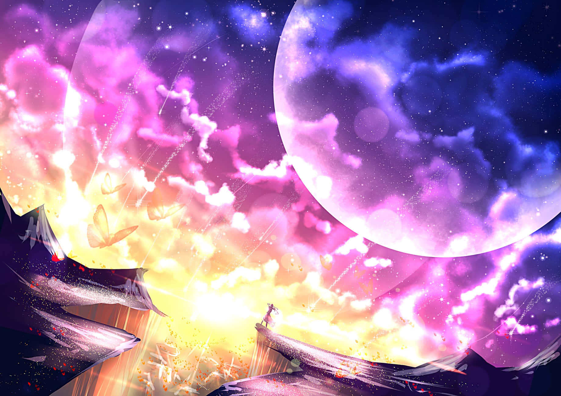 quaint anime countryside, surreal sky, giant moon, HD Desktop Wallpaper