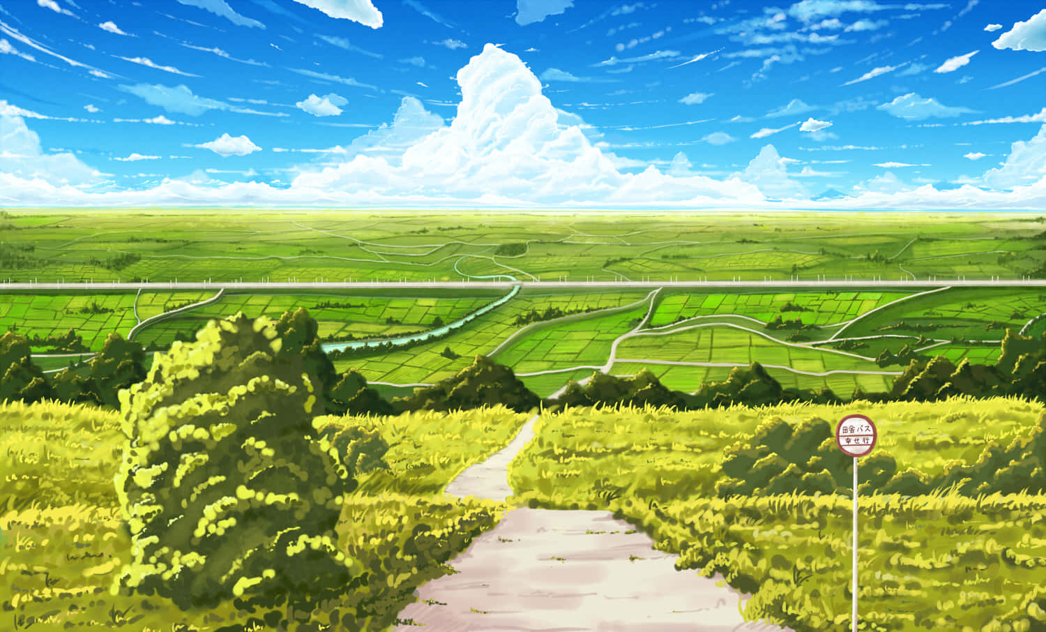 Japanese countryside town, winding path, vibrant green fields, HD Desktop Wallpaper