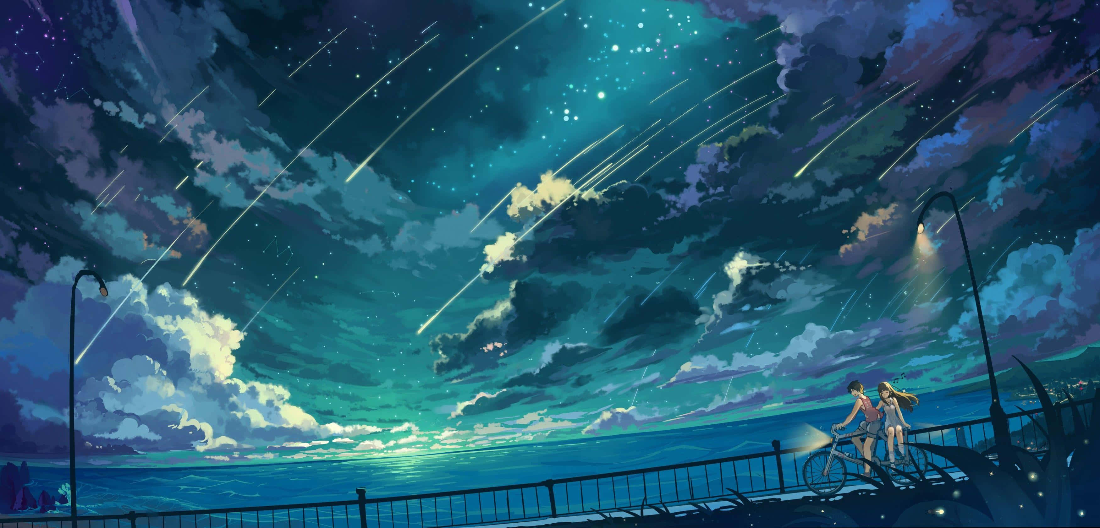 Cute Anime Scenery, seaside promenade, vibrant night sky, 2K Desktop Wallpaper