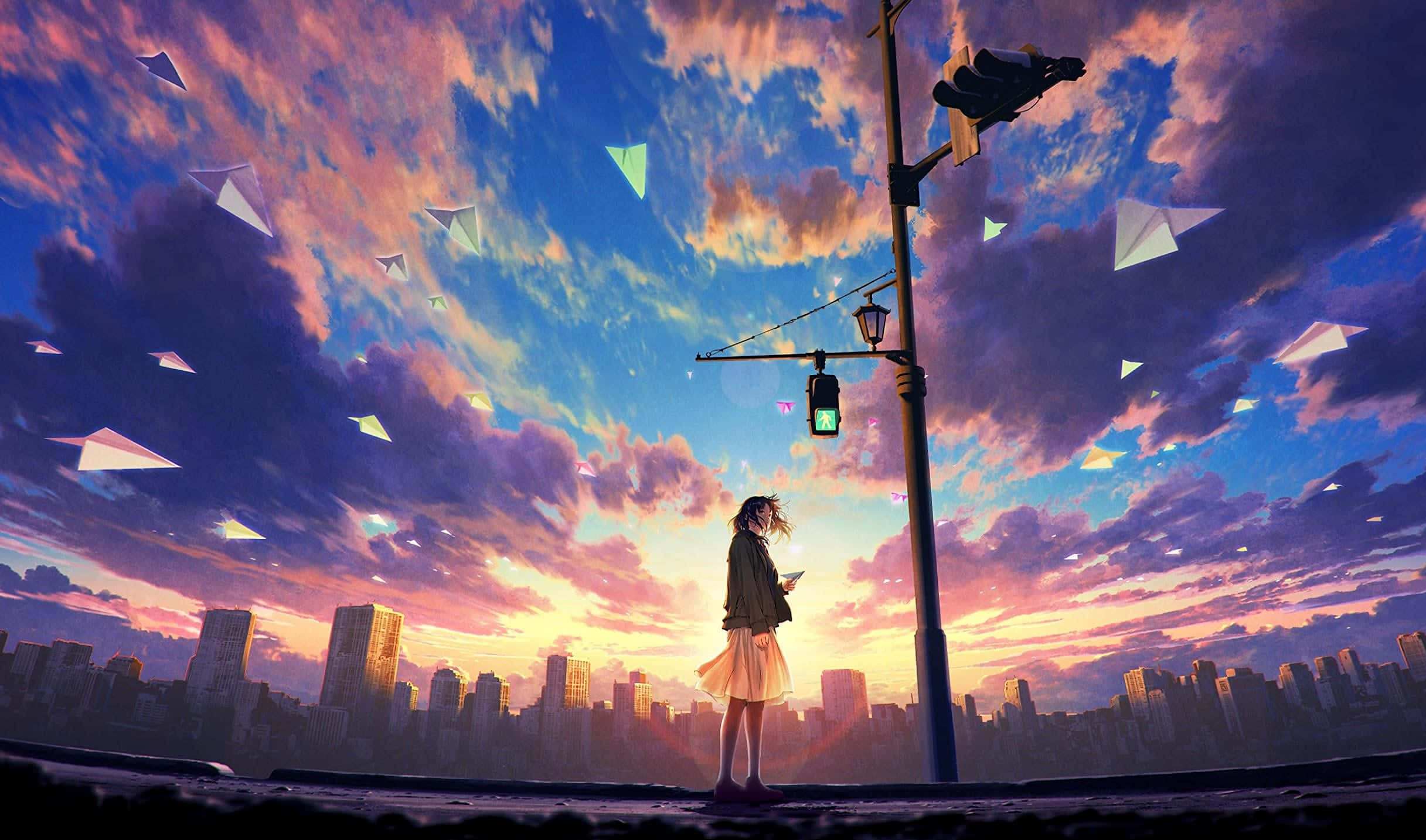 cute anime scenery, lone girl, city street corner, Full HD Desktop Wallpaper
