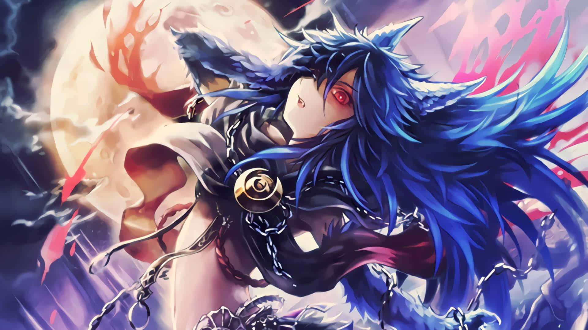 anime wolf girl, blue-haired, red eyes, Full HD Desktop Wallpaper