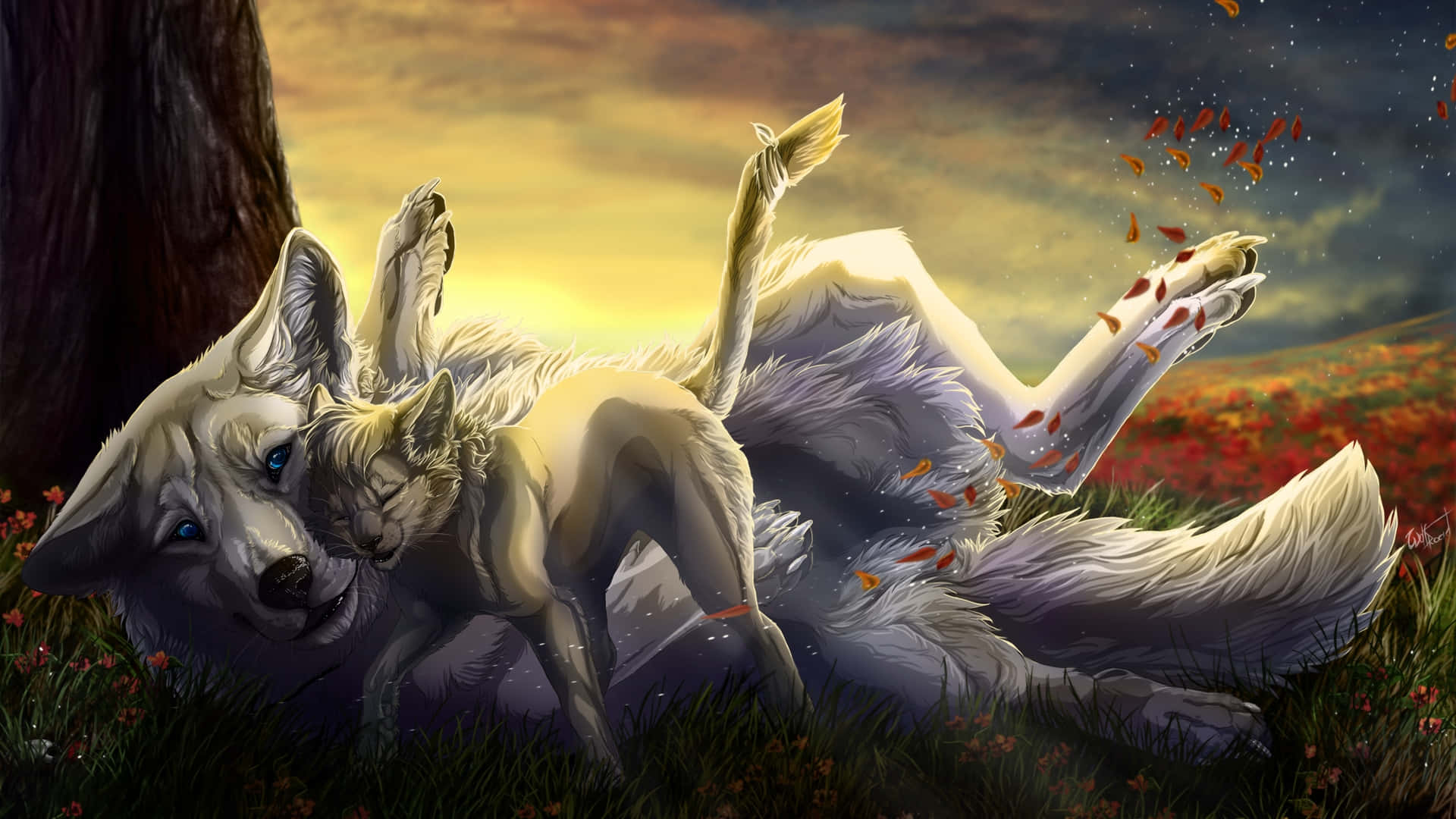 Anime Wolf, red flowers, autumn leaves, Full HD Desktop Wallpaper