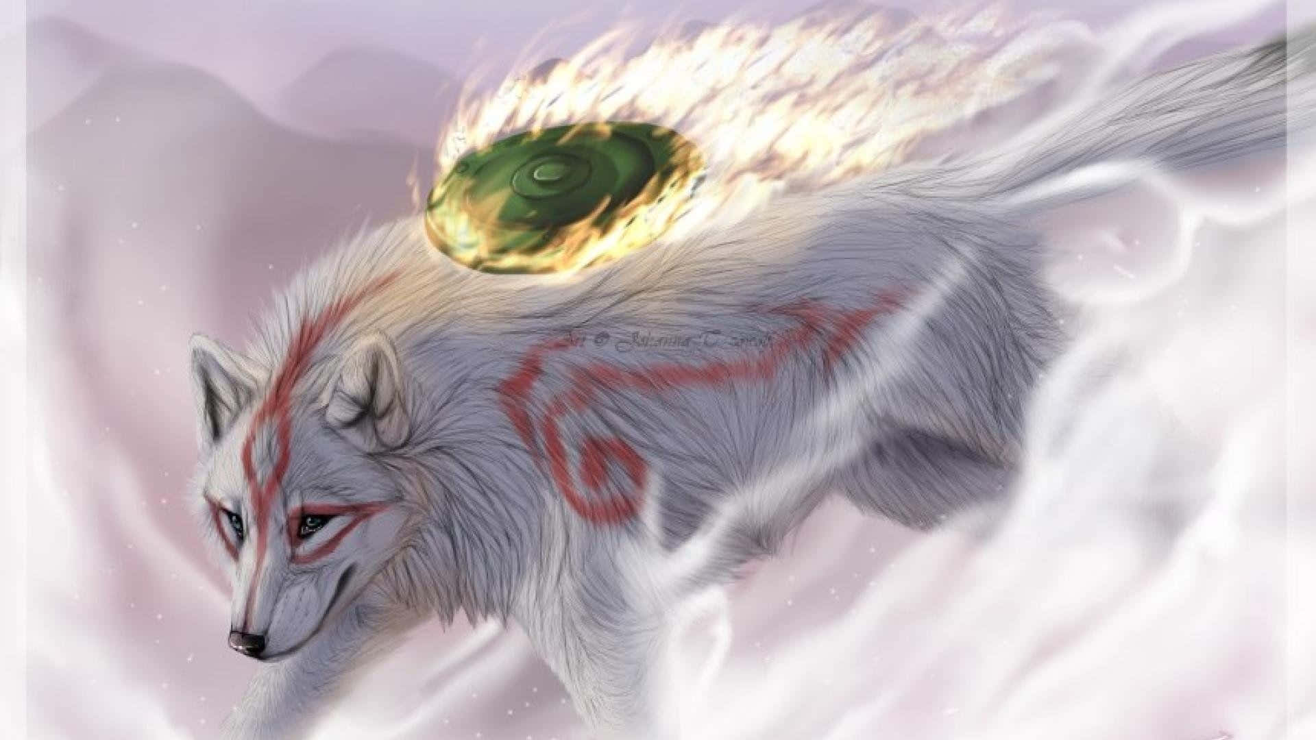 Cool Anime Wolf, white wolf, red markings, Full HD Desktop Wallpaper