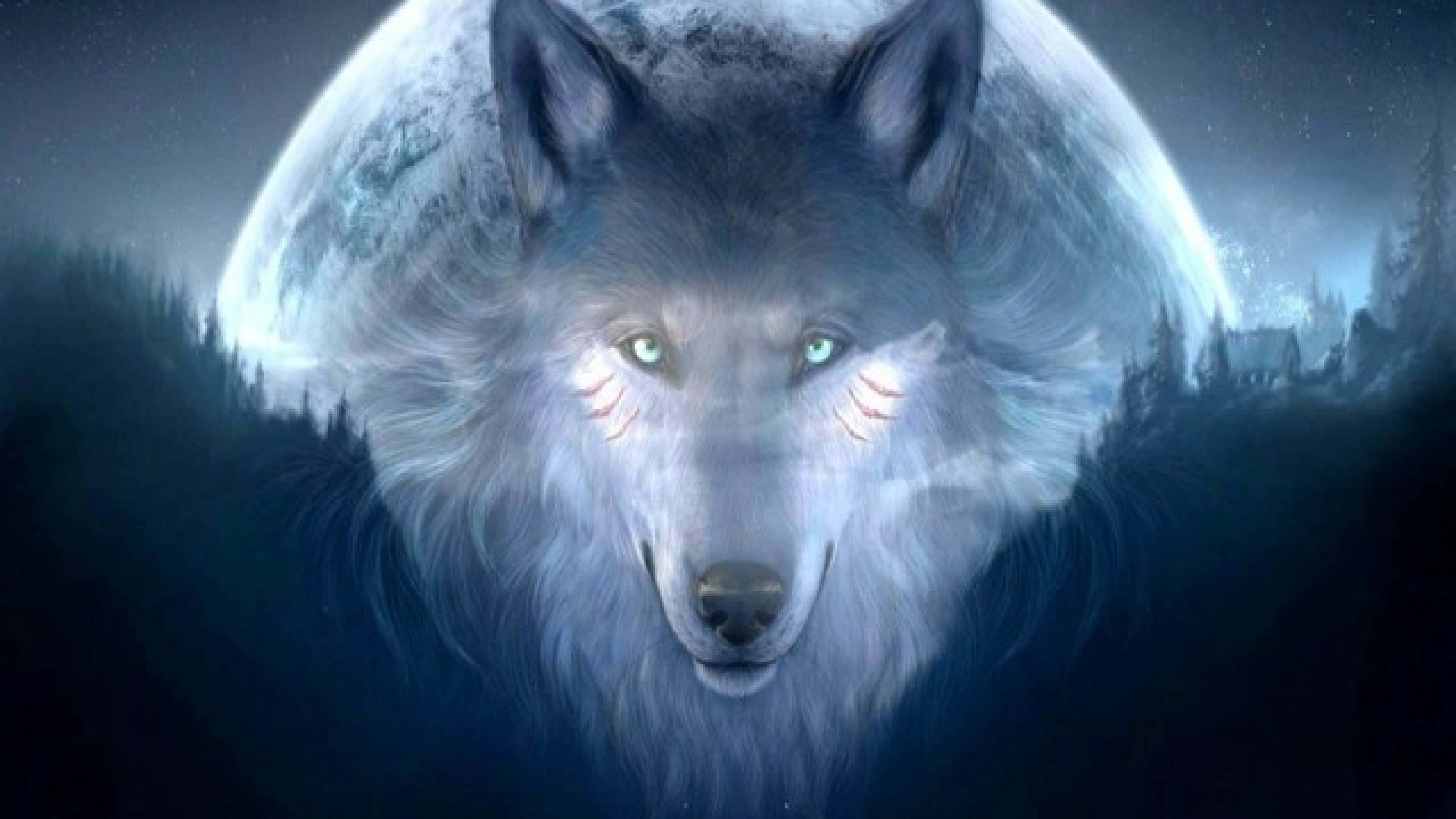 white wolf, glowing green eyes, luminous moon, 4K Desktop Wallpaper