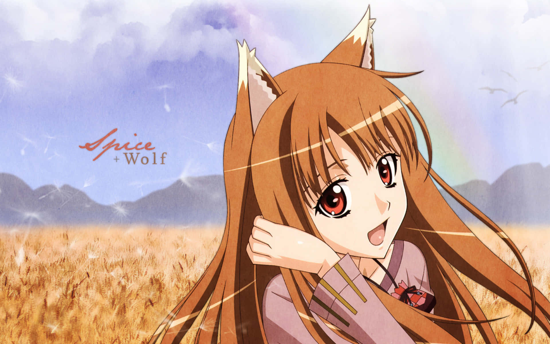 anime wolf girl, golden wheat field, soft blue sky, Full HD Desktop Wallpaper
