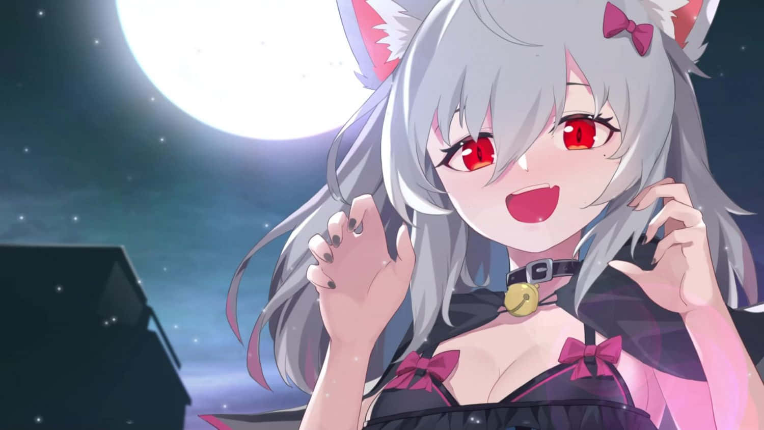 anime wolf girl, silver hair, red eyes, HD Desktop Wallpaper