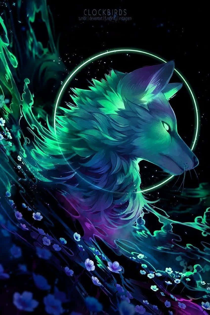 neon glowing wolf, electric green and blue fur, cosmic swirl, SD Phone Wallpaper