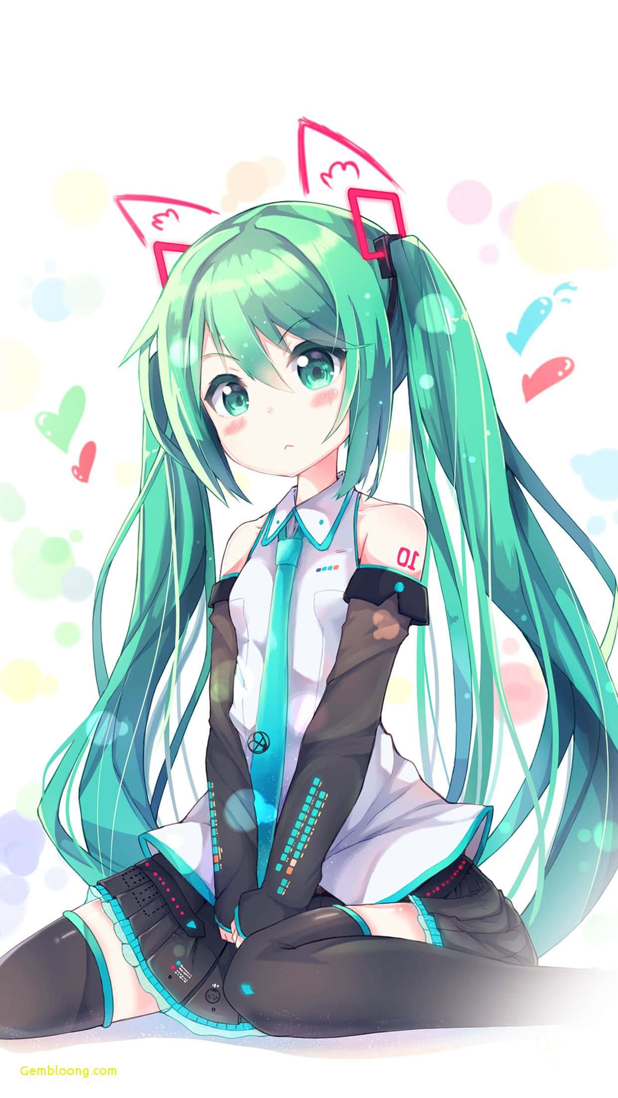 cute kawaii anime girl, long teal pigtails, pink cat ears, Full HD Phone Wallpaper