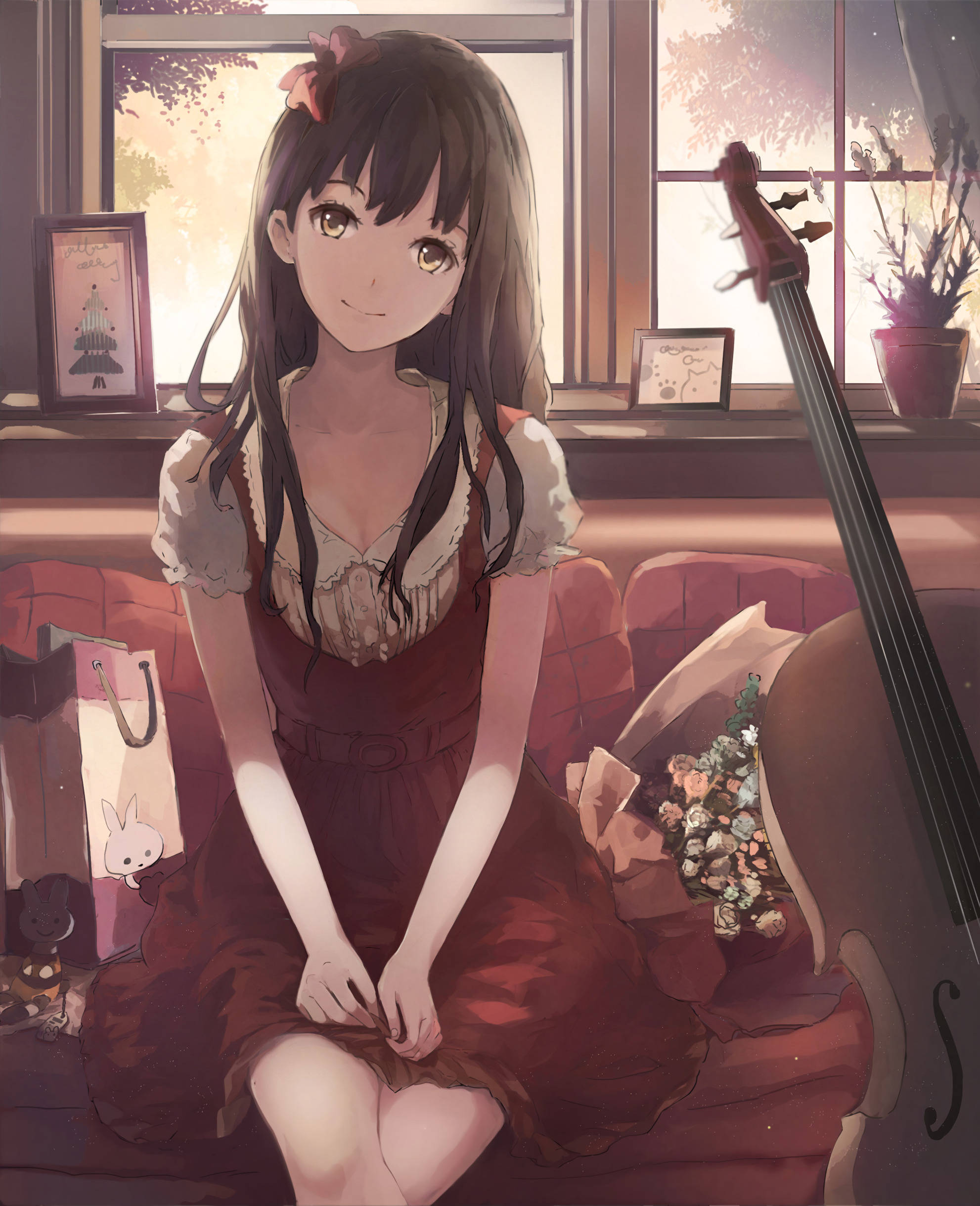 cute anime girl, cello, red couch, Full HD Phone Wallpaper