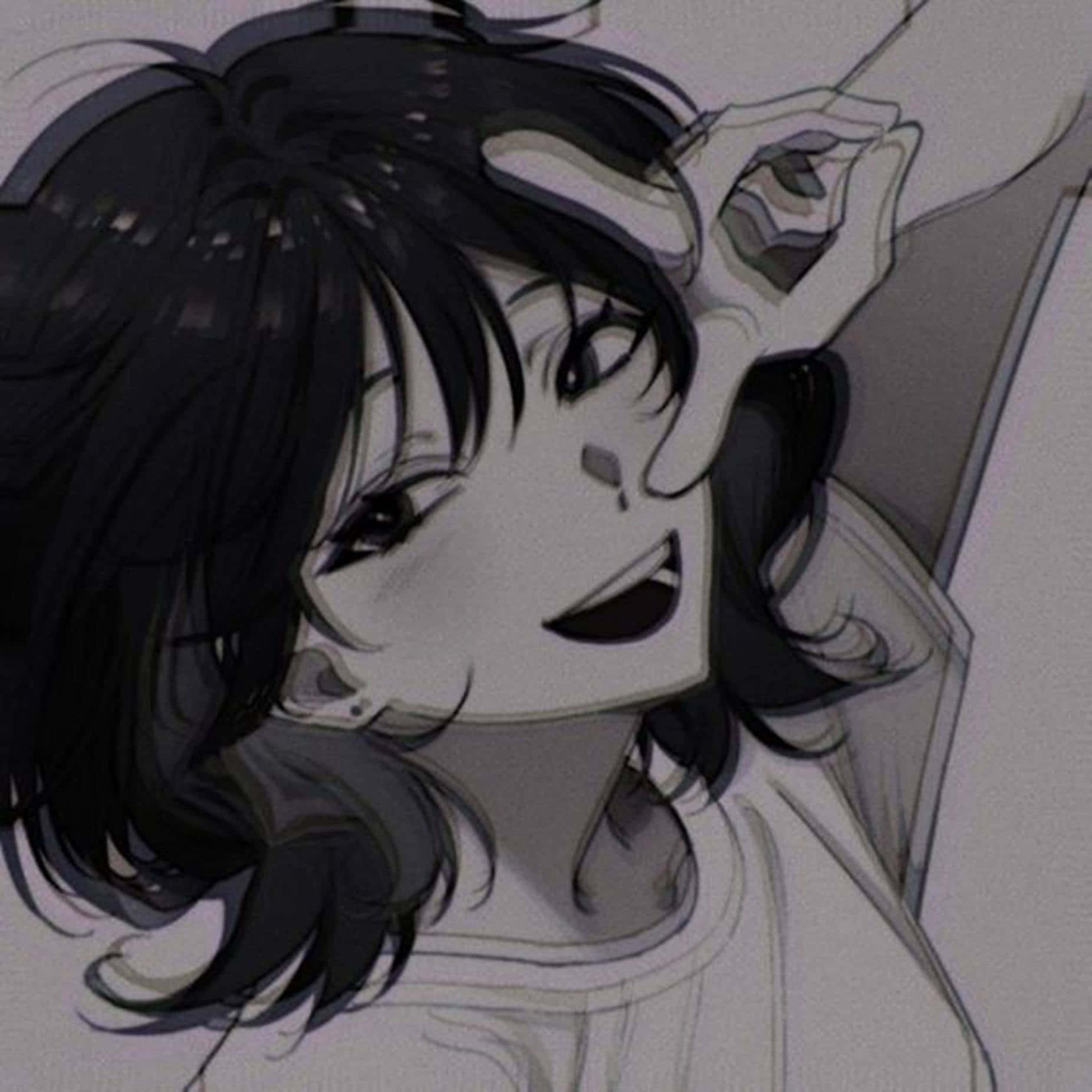 anime girl, messy black hair, peace sign, HD Desktop Wallpaper