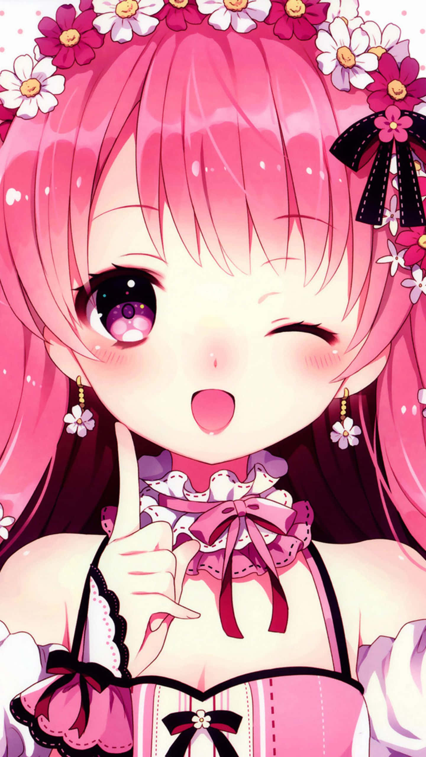 Girly Cute Anime, pink hair, flower crown, 2K Phone Wallpaper