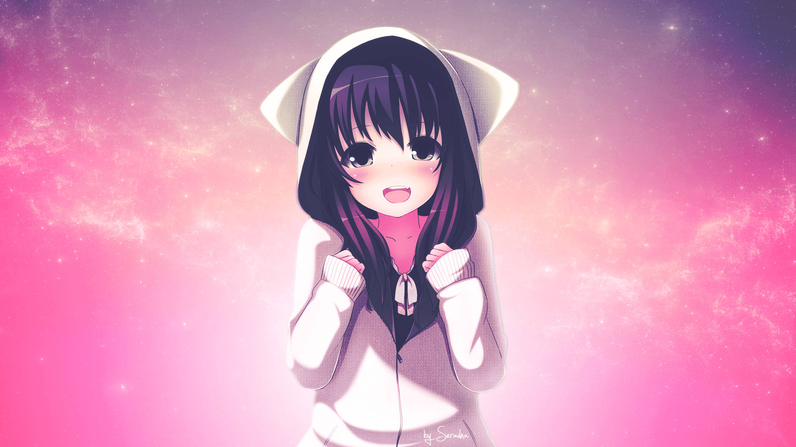 cute anime girl, white hoodie, cat ears, 2K Desktop Wallpaper