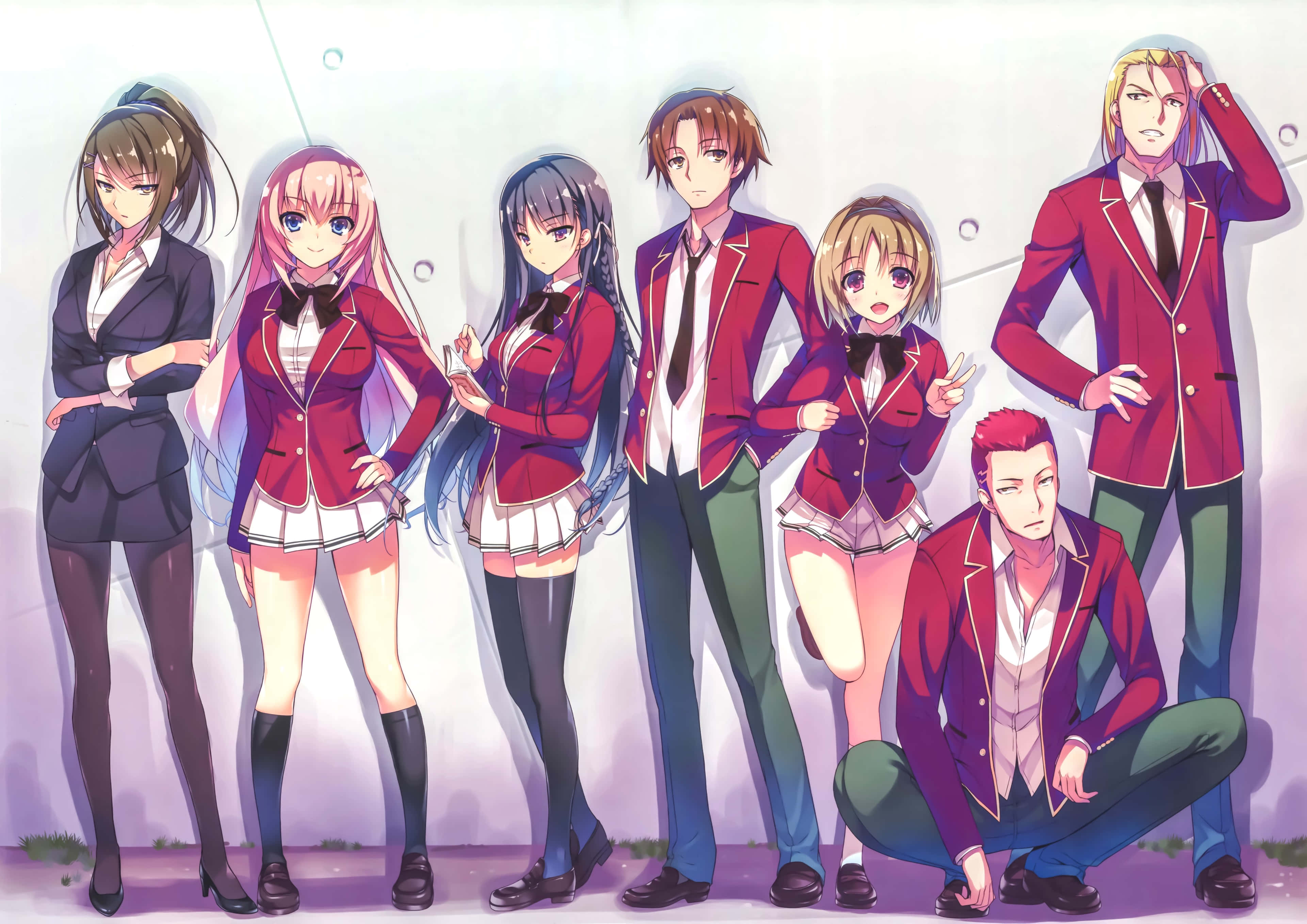 anime group, red blazers, soft purple gradient background, 4K Desktop Wallpaper