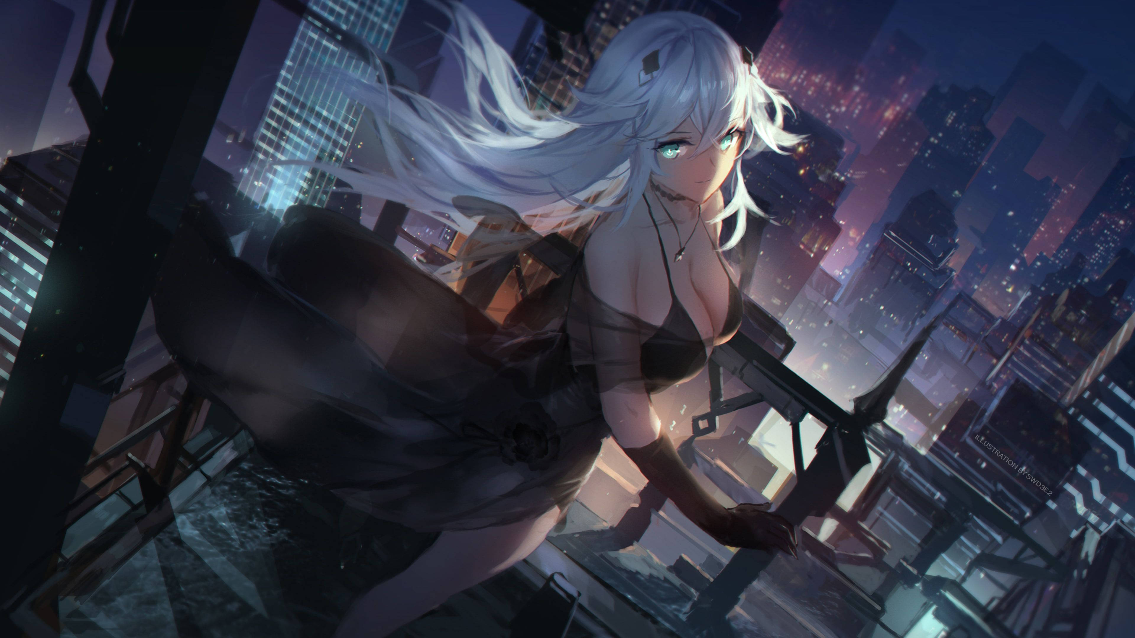 silver-haired anime girl, dark dress, rooftop railing, 4K Desktop Wallpaper