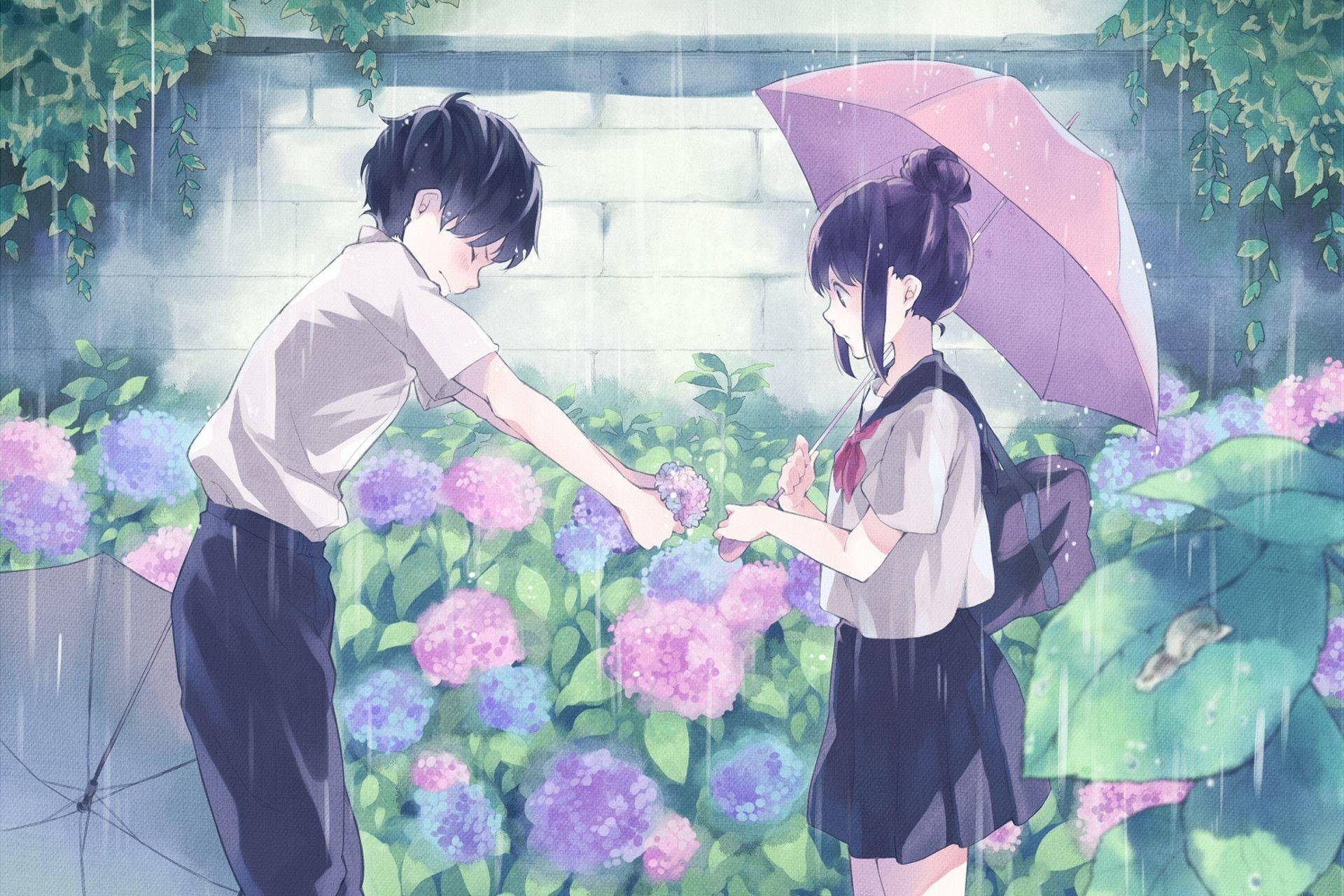 cute anime couple, school uniform, pink umbrella, Full HD Desktop Wallpaper