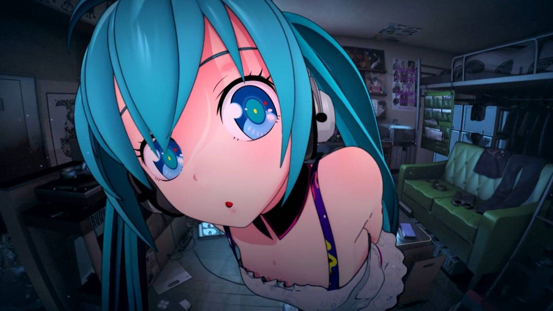 blue-haired anime girl, headphones, cluttered dimly lit room, Full HD Desktop Wallpaper
