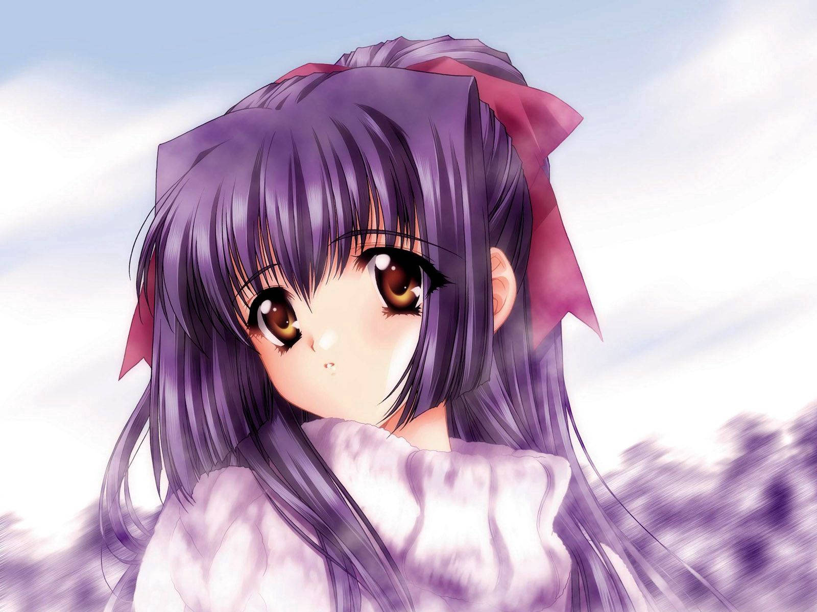 cute anime girl, violet hair, brown eyes, HD Desktop Wallpaper