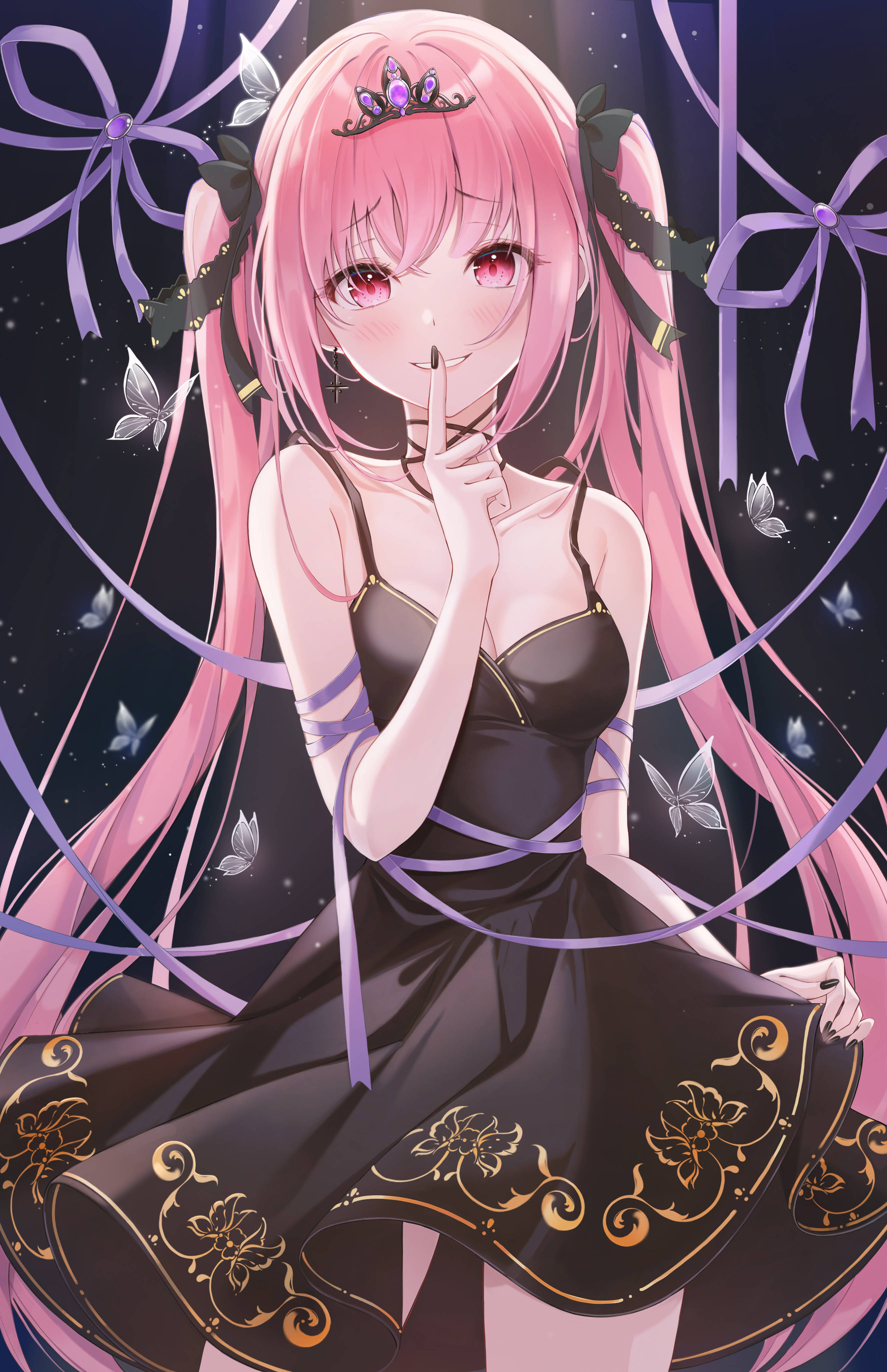 pink-haired anime girl, black dress with gold trim, purple ribbons, 4K Phone Wallpaper