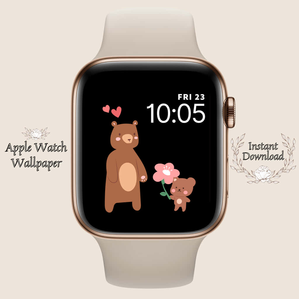 Apple Watch face, cute cartoon bear, pink flower, SD Desktop Wallpaper