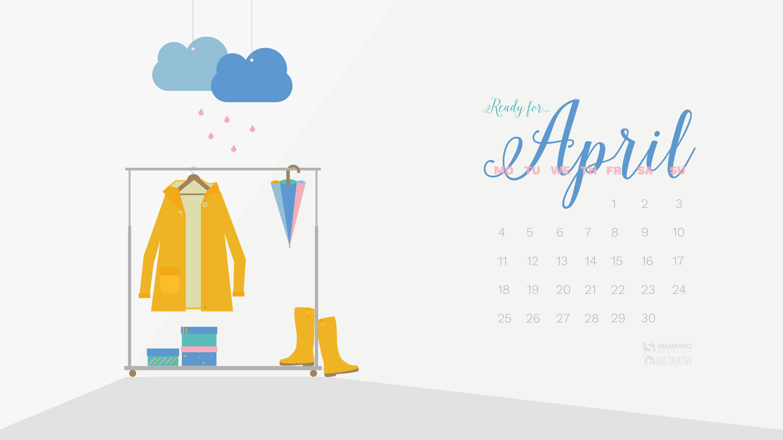 Rainy Themed April Calendar, yellow raincoat, umbrella, 2K Desktop Wallpaper