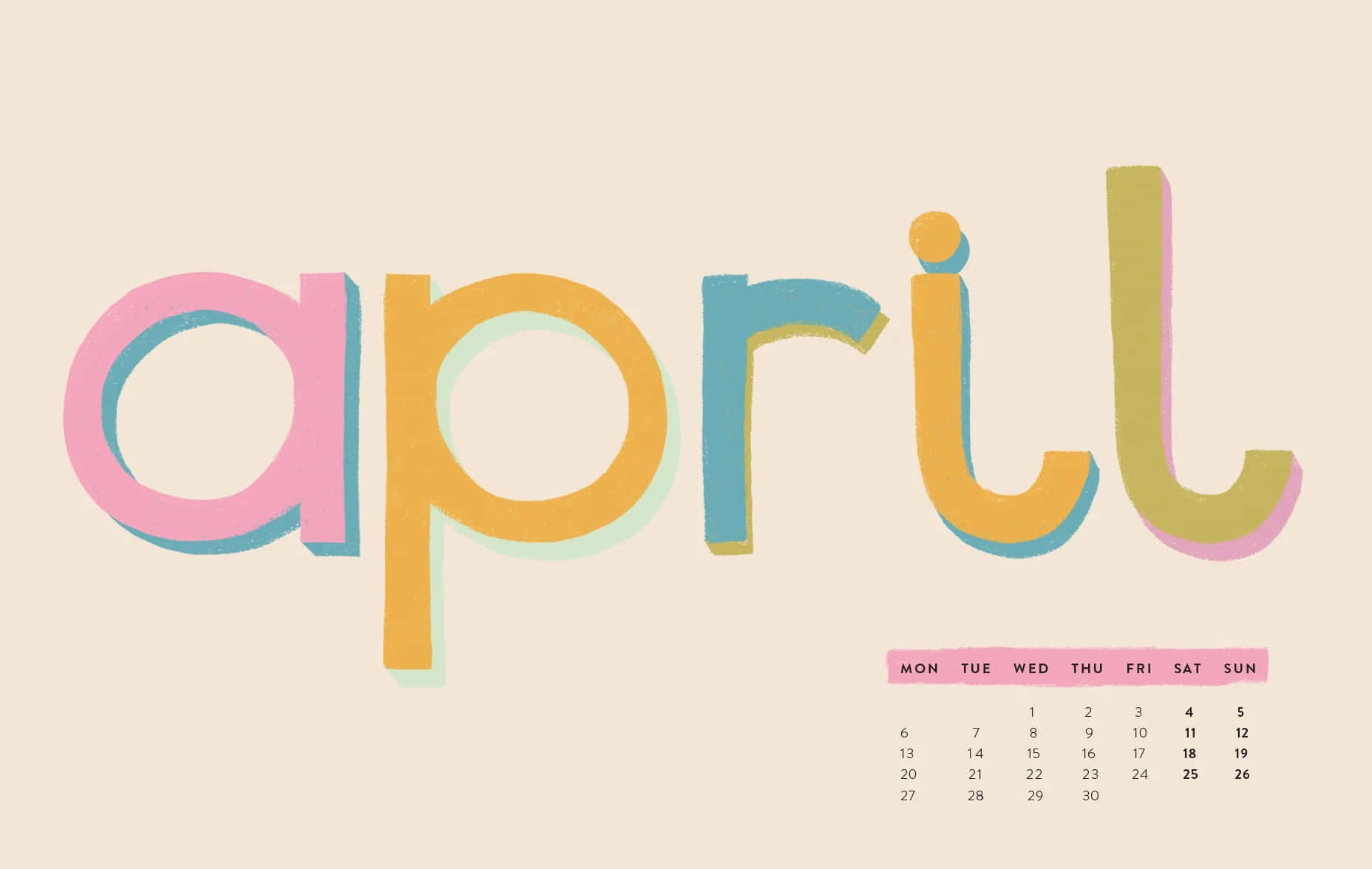 April calendar, pastel-colored, bold stylized letters, HD Desktop Wallpaper