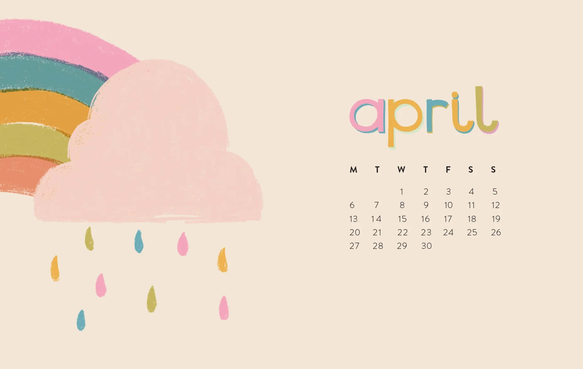 April Rainbow Cloud Calendar, pastel illustrated, pink cloud, HD Desktop Wallpaper