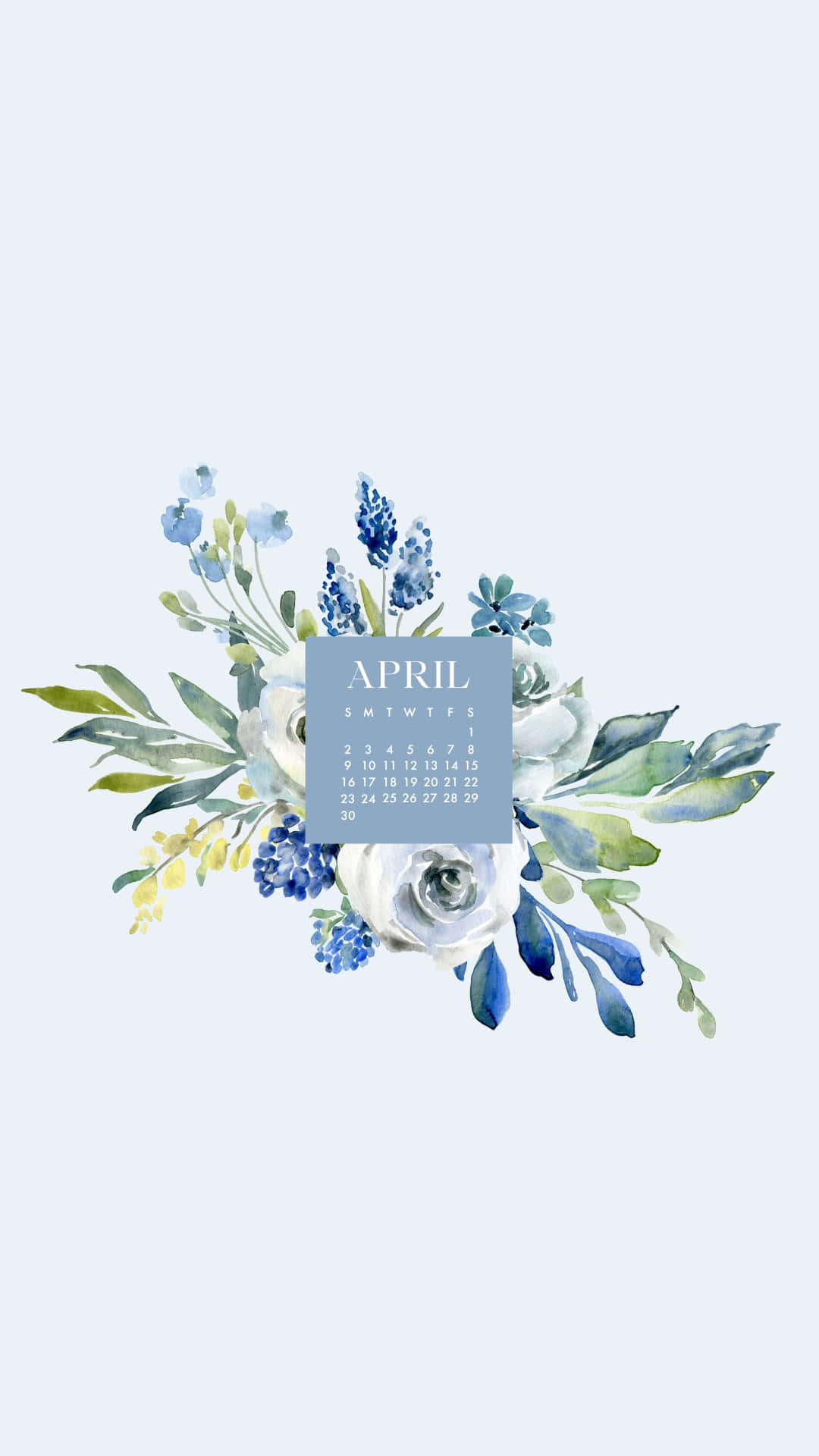 April calendar, watercolor floral wreath, blue and green, Full HD Phone Wallpaper