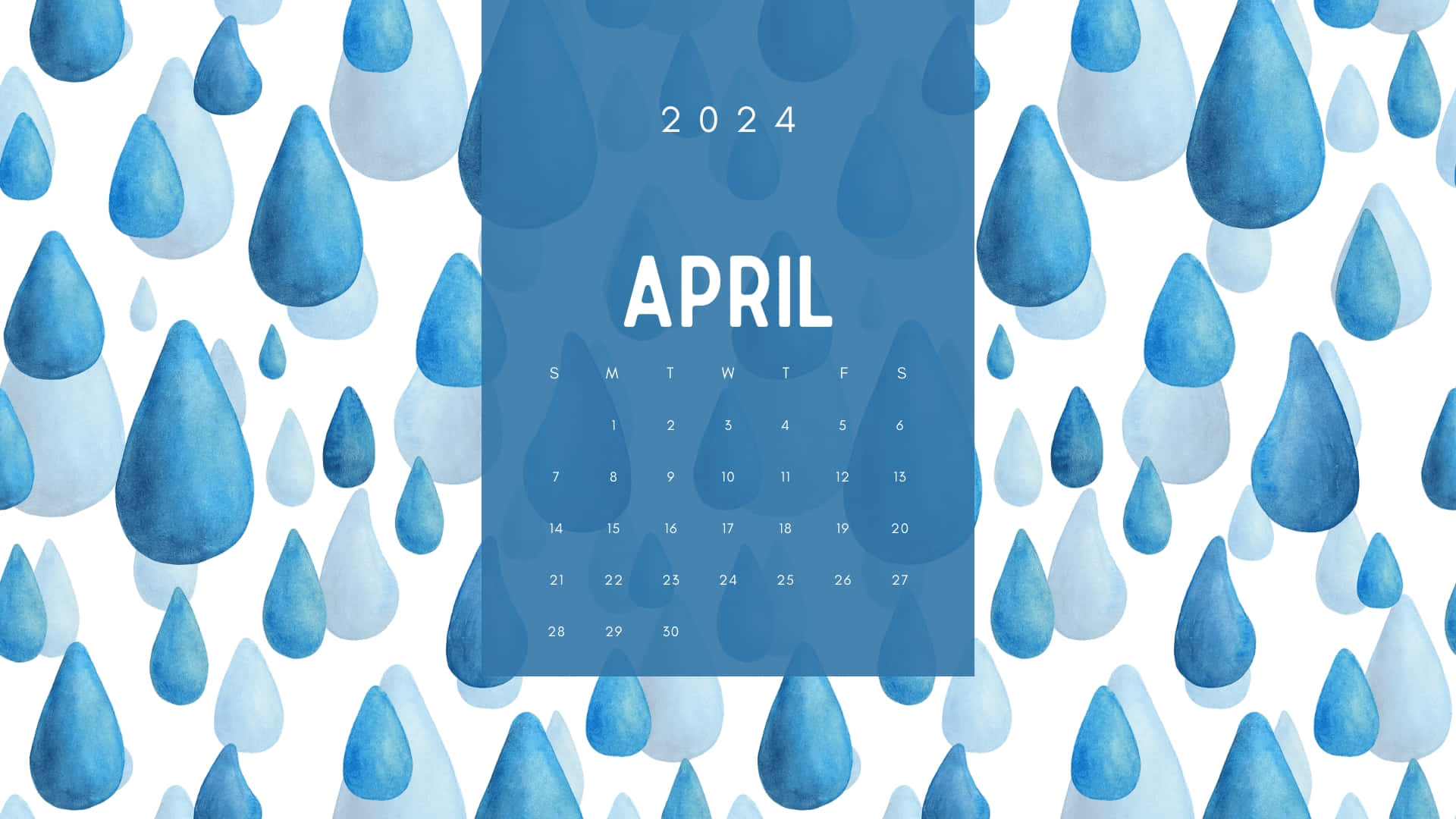 April2024, watercolor blue raindrops, white text, Full HD Desktop Wallpaper