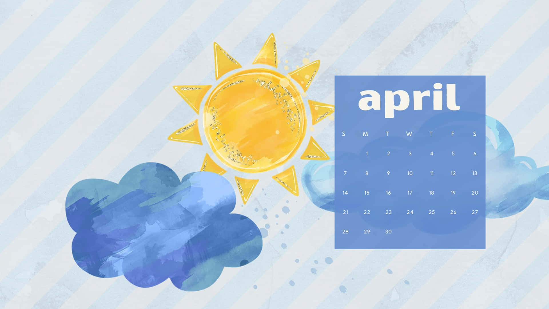 April Sun Clouds Calendar, glittery sun, blue watercolor clouds, Full HD Desktop Wallpaper