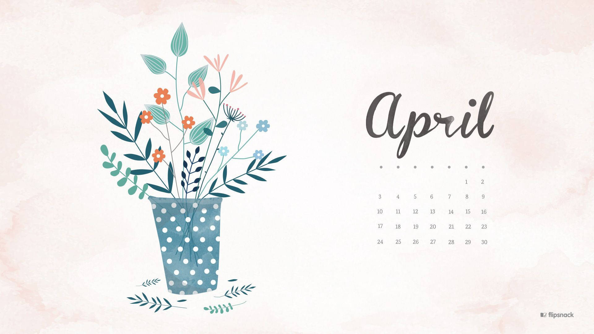 April calendar, blue polka-dot vase, colorful illustrated flowers, Full HD Desktop Wallpaper