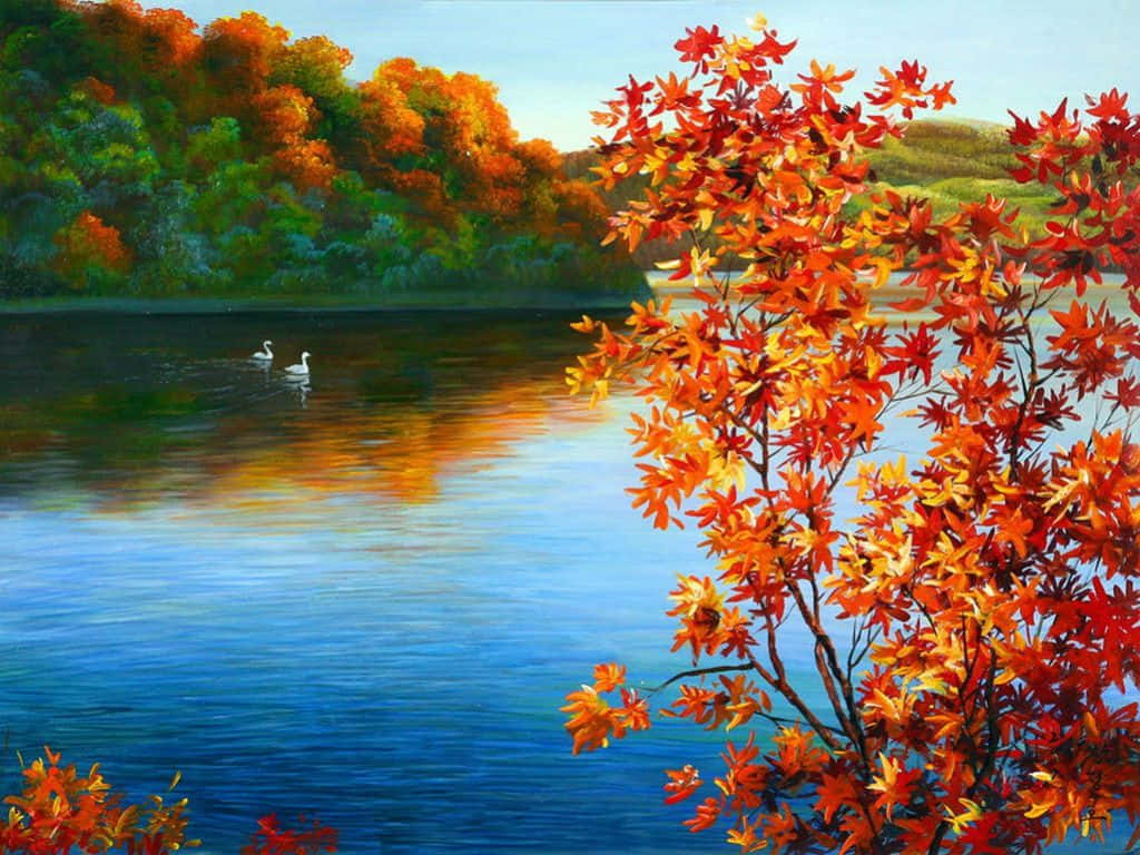 autumn leaves, serene lake, two swans, SD Desktop Wallpaper