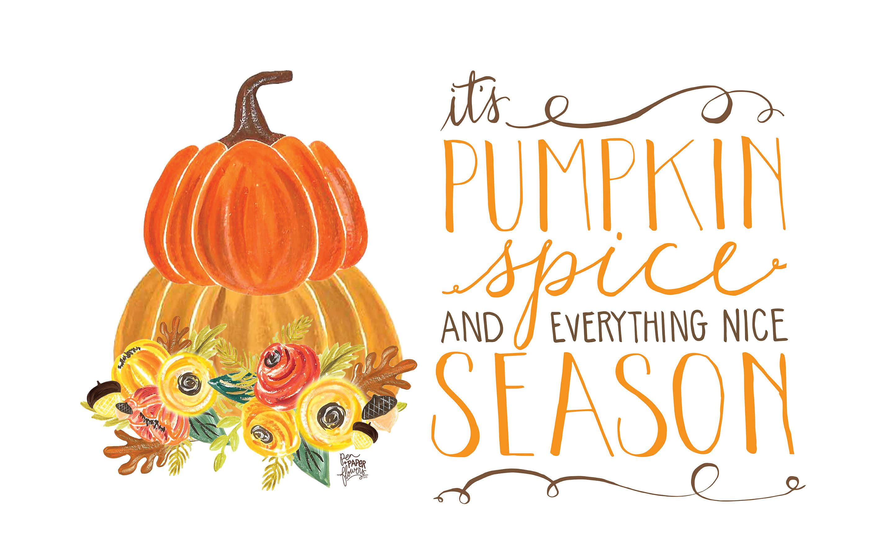 pumpkins, autumn flowers, cursive text, 2K Desktop Wallpaper