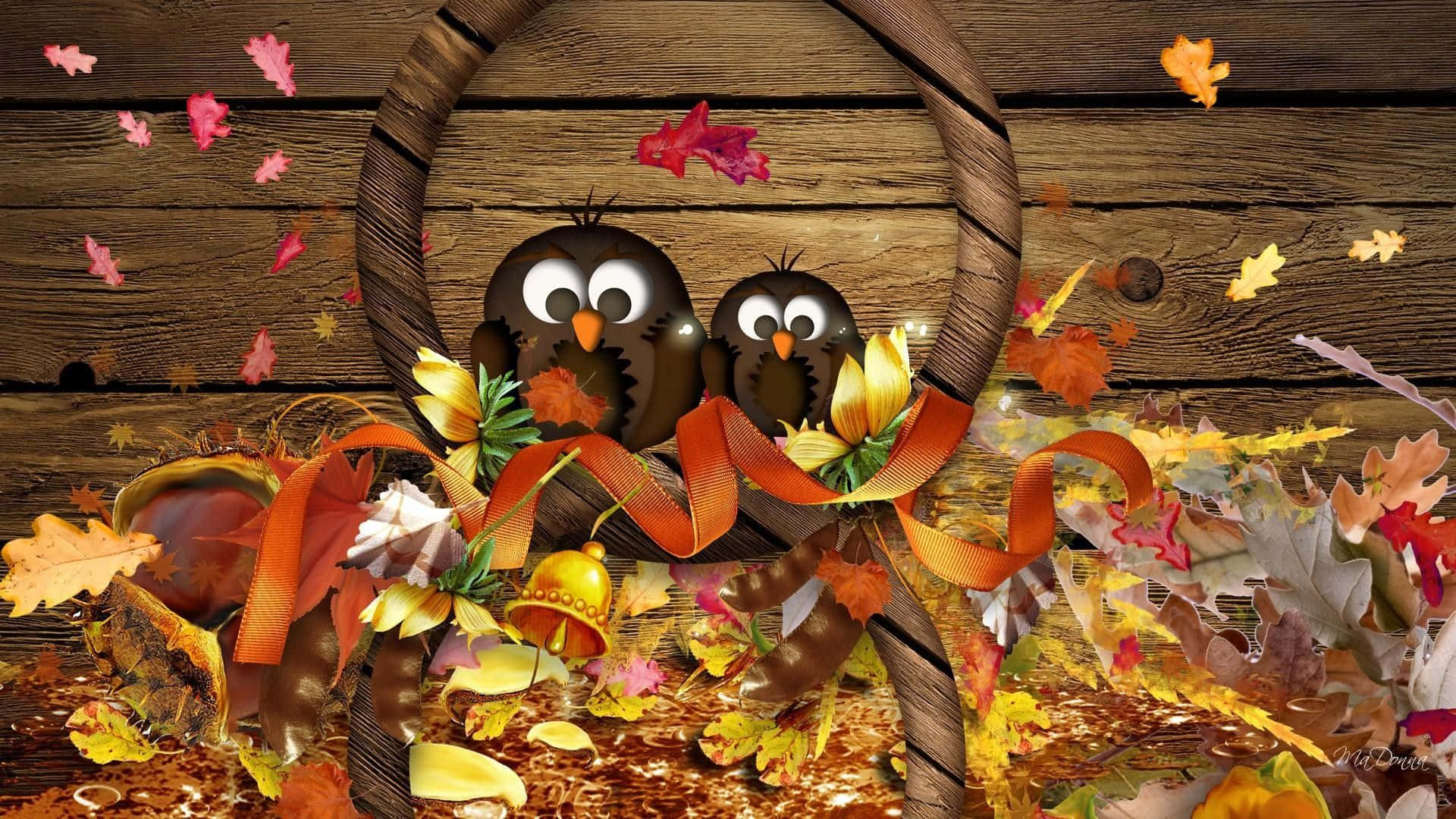 cartoon owls, wooden wreath, autumn leaves, Full HD Desktop Wallpaper