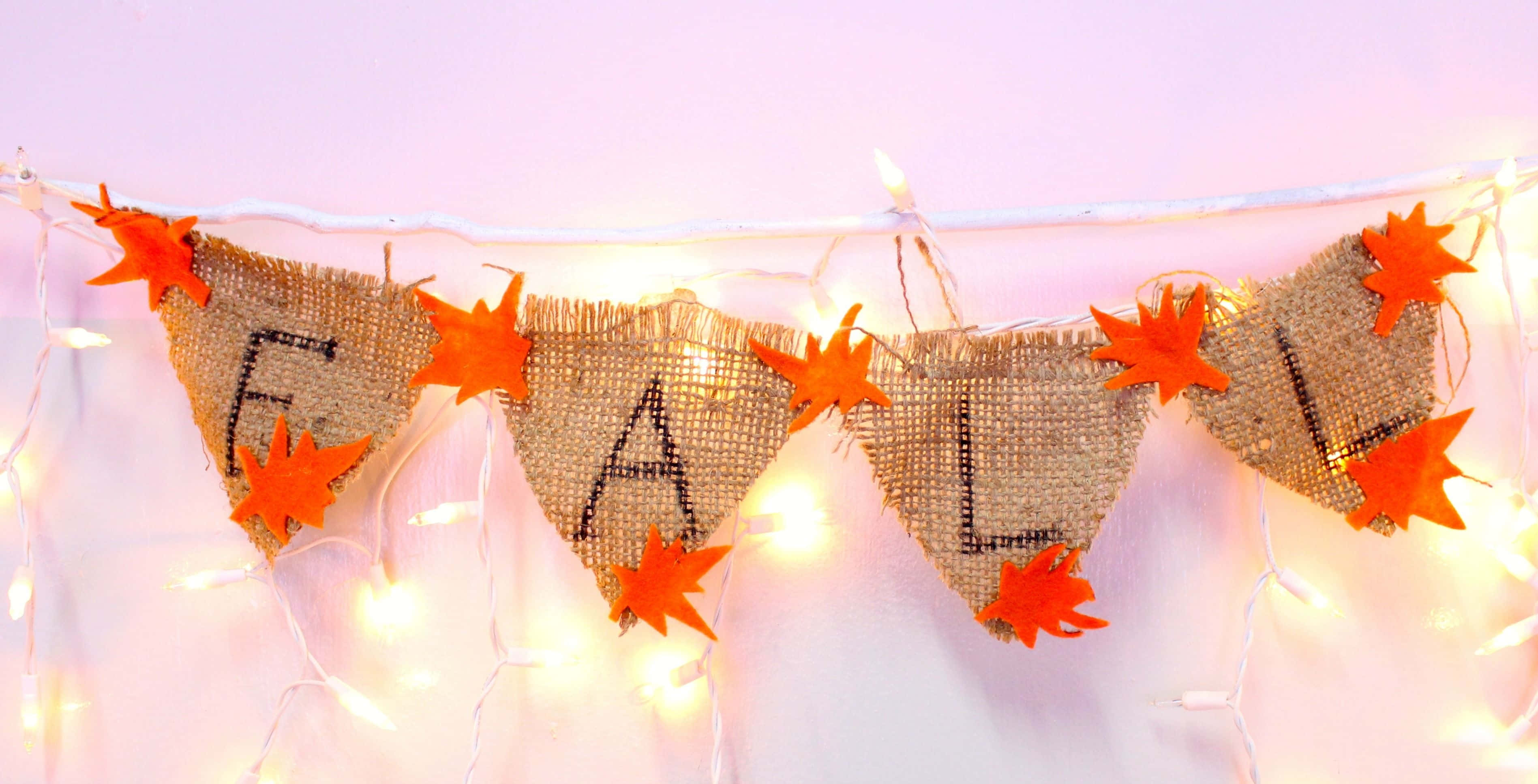 burlap banner, FALL, orange maple leaves, 2K Desktop Wallpaper