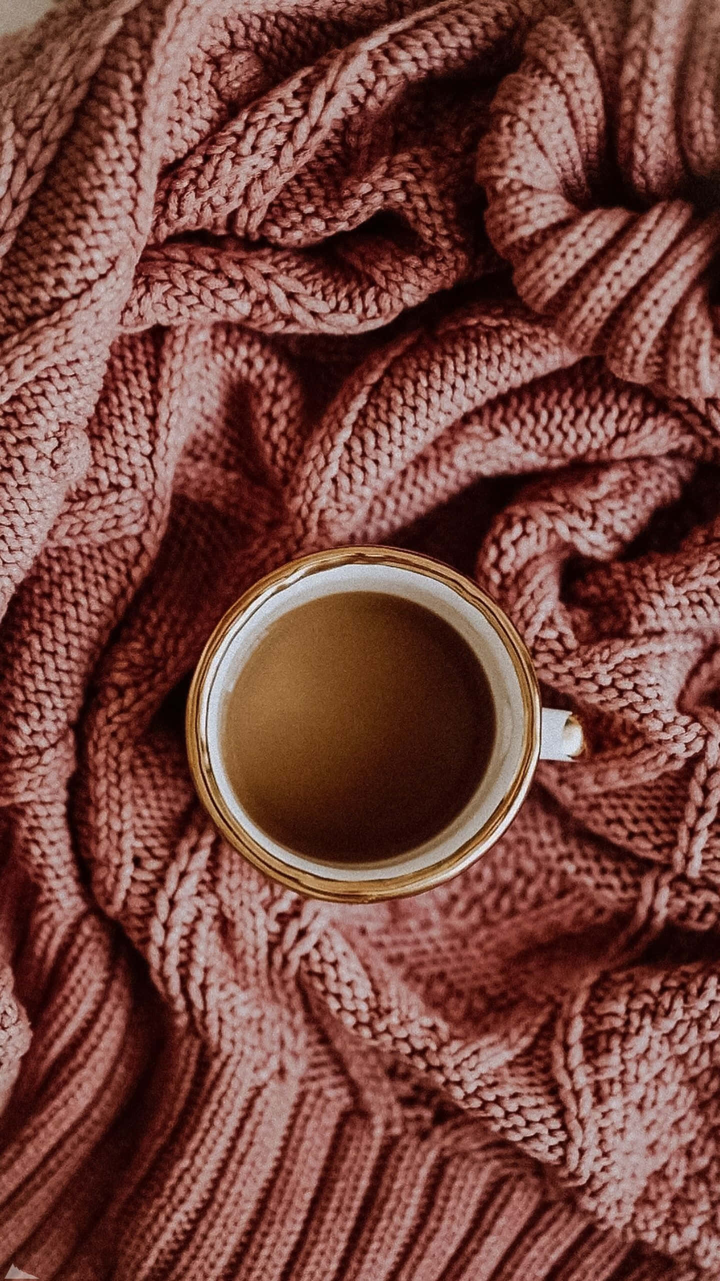 cute Autumn iPhone, pink knit blanket, coffee, 2K Phone Wallpaper