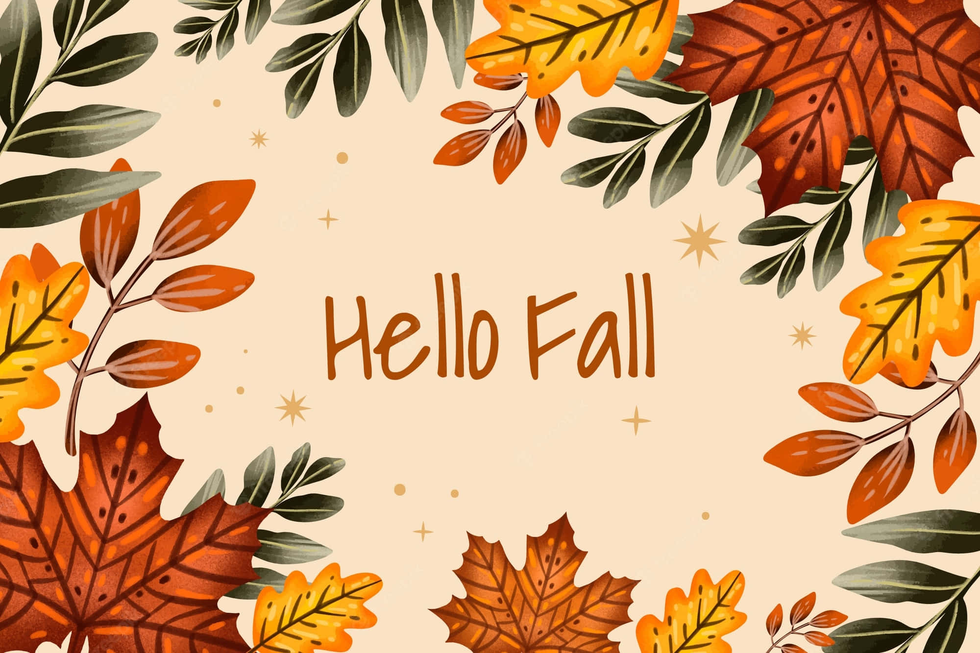 Hello Fall, watercolor autumn leaf border, beige background, Full HD Desktop Wallpaper