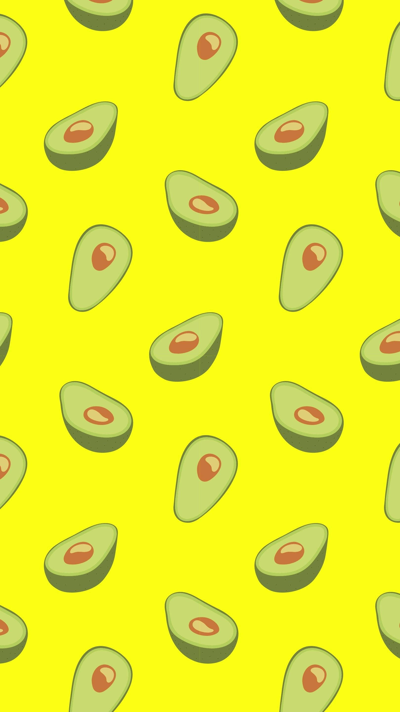 Cute Avocado, yellow background, cartoon-style avocado halves, 2K Phone Wallpaper