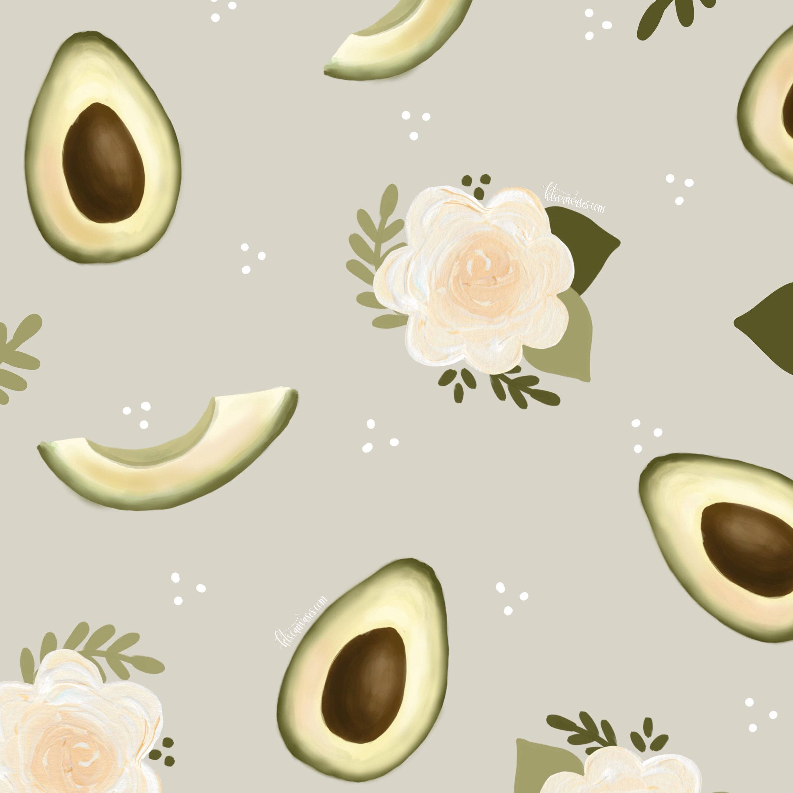 Cute Avocado, white flowers, pastel pattern, 2K Desktop Wallpaper