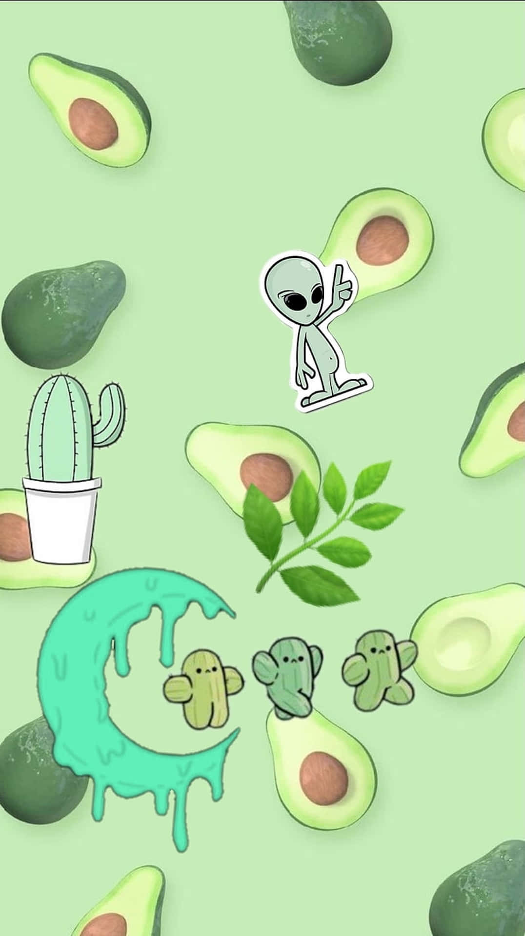 sage green alien avocado, cartoon aliens, cacti, Full HD Phone Wallpaper