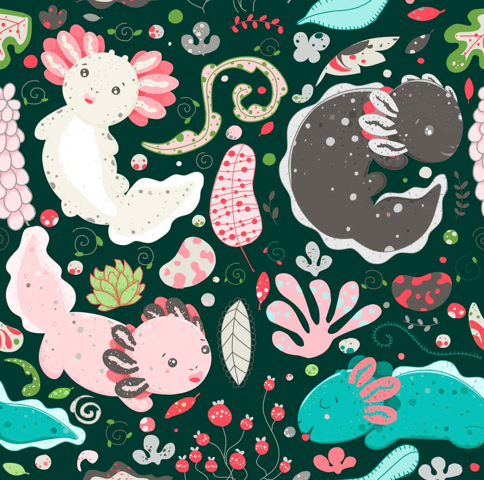 cute axolotl, cartoon axolotls, sea creatures, SD Desktop Wallpaper