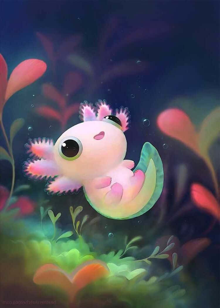 underwater, cute axolotl, chibi art, SD Phone Wallpaper