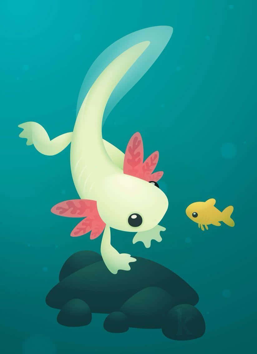 cute axolotl, pink gills, small yellow fish, SD Phone Wallpaper