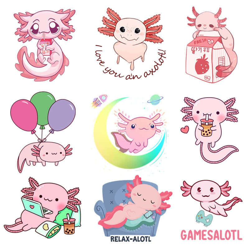 amazing cute axolotl cartoon art, pink axolotls, bubble tea, SD Desktop Wallpaper