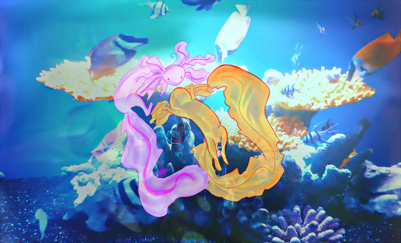 Cute Axolotl, underwater scene, sunlit, HD Desktop Wallpaper
